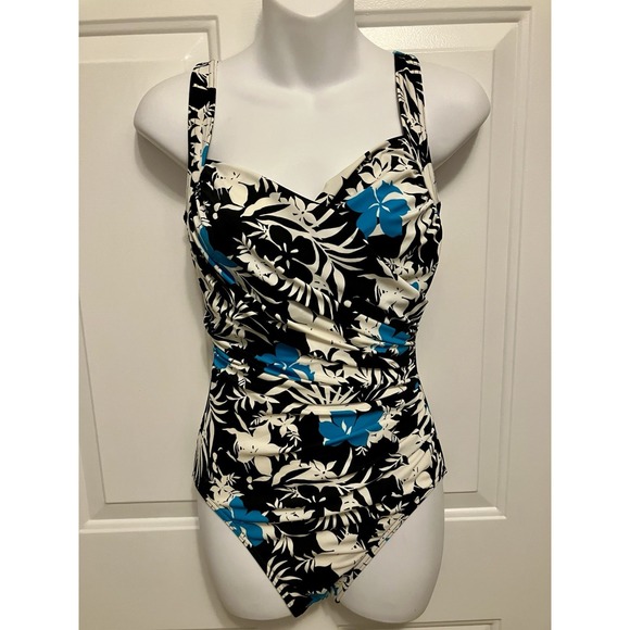 MIRACLESUIT One Piece Blue Black  Floral Swim Suit Size 8 Tummy‎ Control Tank - Picture 1 of 5